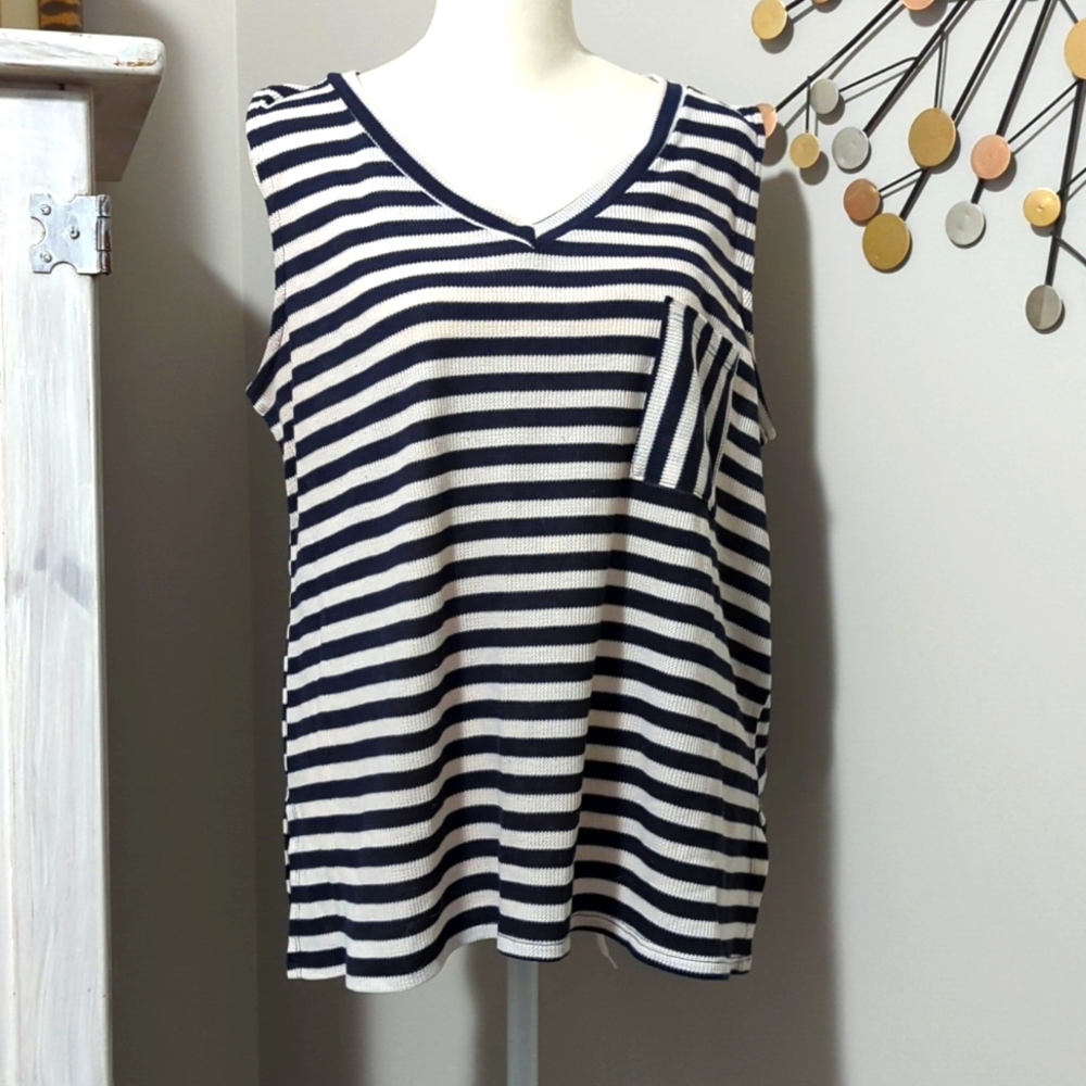 Cotton Blue Top Sleeveless Striped Navy/White XL